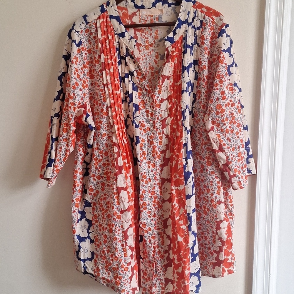 LA Cera Cotton Orange Blue Floral Button Down Tunic Size 2X - Picture 4 of 9